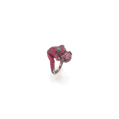 View full screen - View 1 of Lot 147. RUBY, PINK SAPPHIRE AND EMERALD 'GRENOUILLE' RING, BOUCHERON, FRANCE.