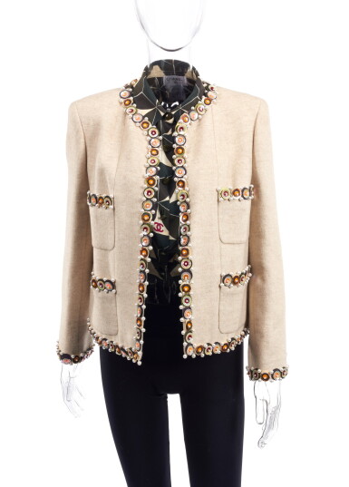 View full screen - View 1 of Lot 63. EMBELLISHED WOOL-BLEND JACKET AND BLOUSE, CHANEL.