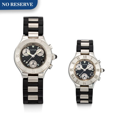 View full screen - View 1 of Lot 8145. CARTIER | MUST 21 CHRONOSCAPH | A SET OF TWO STAINLESS STEEL AND RUBBER CHRONOGRAPH WRISTWATCH WITH DATE, CIRCA 2007 | 卡地亞 | Must 21 Chronoscaph 一對精鋼及橡皮計時腕錶,備日期顯示,約2007年製.