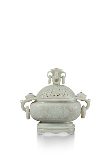 View full screen - View 1 of Lot 52. A celadon jade 'lotus' loose-ring handled censer and cover, Late Qing dynasty .
