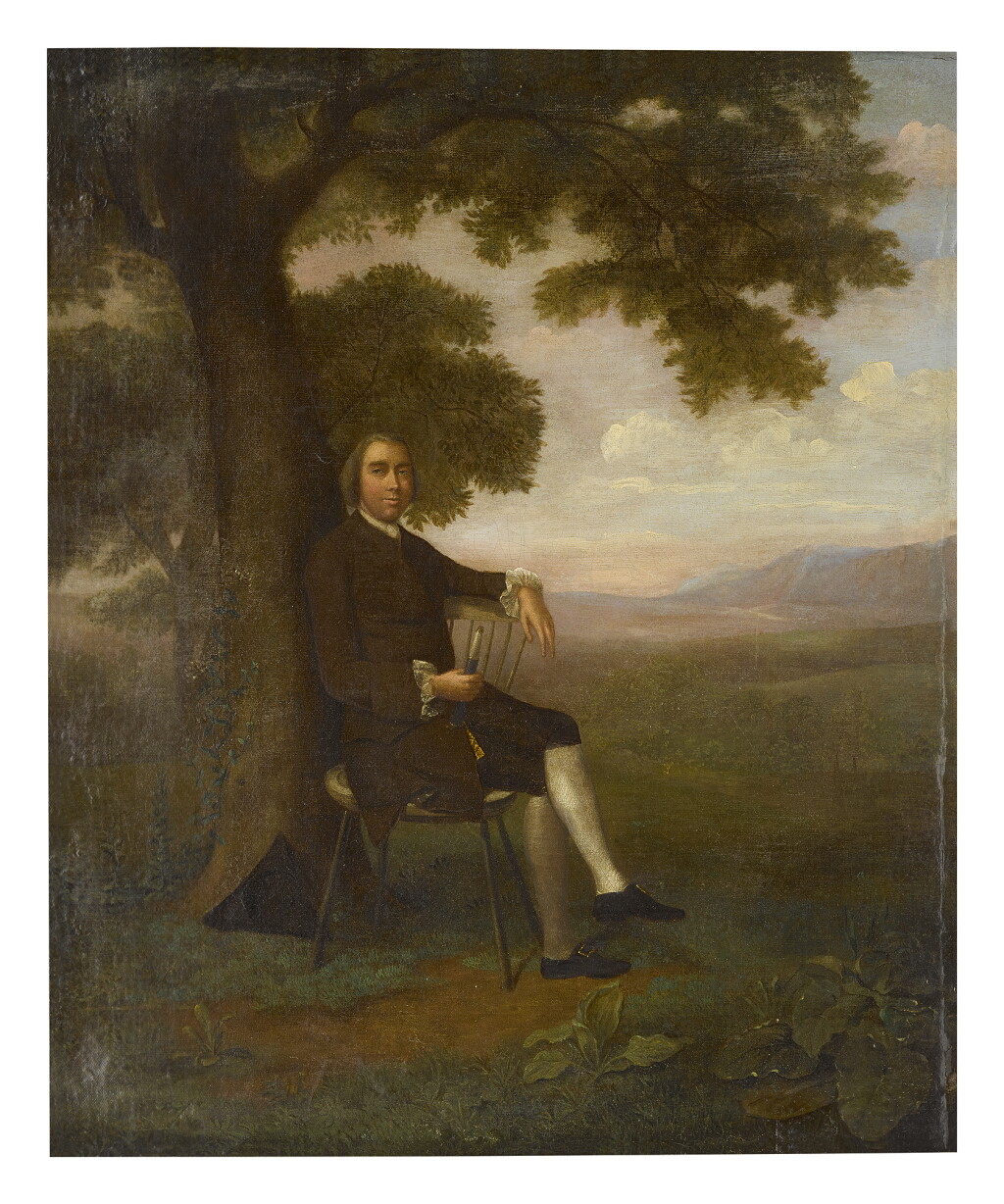 View full screen - View 1 of Lot 289. ARTHUR DEVIS | PORTRAIT OF A GENTLEMAN, FULL LENGTH, SEATED BENEATH A TREE BY THE COAST.