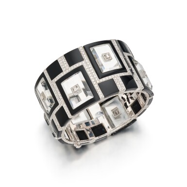 View full screen - View 1 of Lot 371. Onyx, Rock Crystal and Diamond Bracelet.