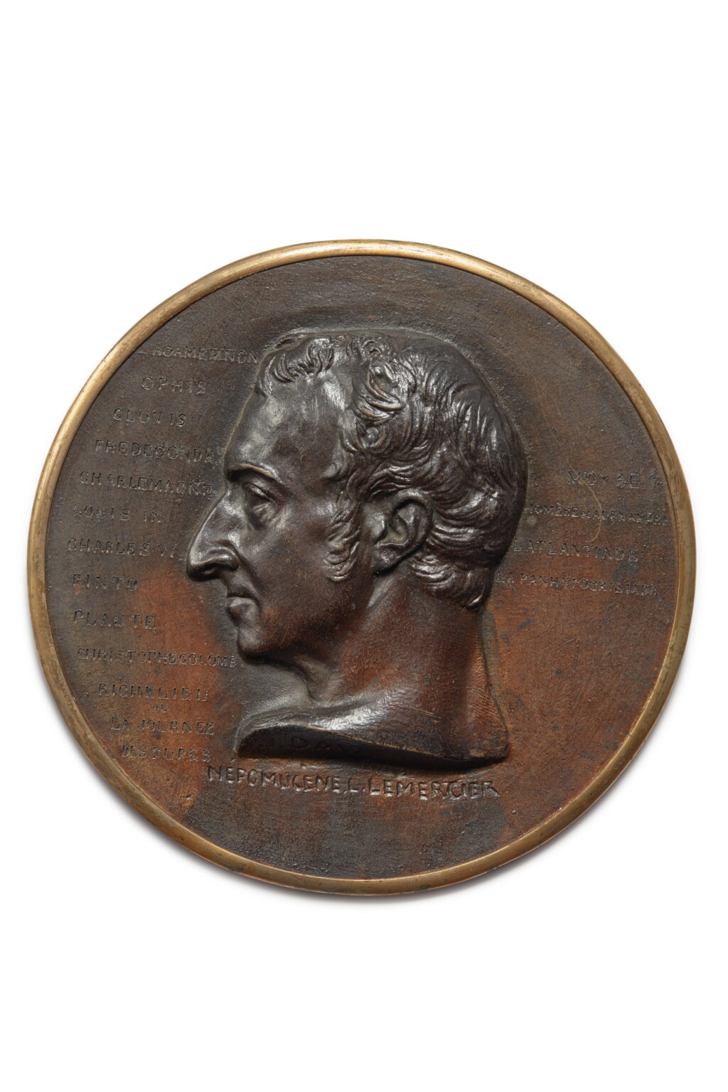 View full screen - View 1 of Lot 41. Five Portrait Medallions of Poets including Népomucène Lemercier, Zacharias Werner, Pierre-Jean de Béranger, Lord Byron, and Auguste-Marseille Barthelemy one signed and dated P.J. David 1832 and inscribed Nepomucene L. Lemercier with names of other historical figures.
