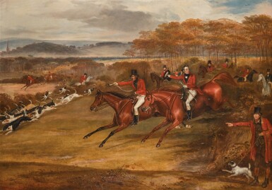 View full screen - View 1 of Lot 143. General Henry Wyndham and Lord William Osborne going away from Raffling Woods in full cry.