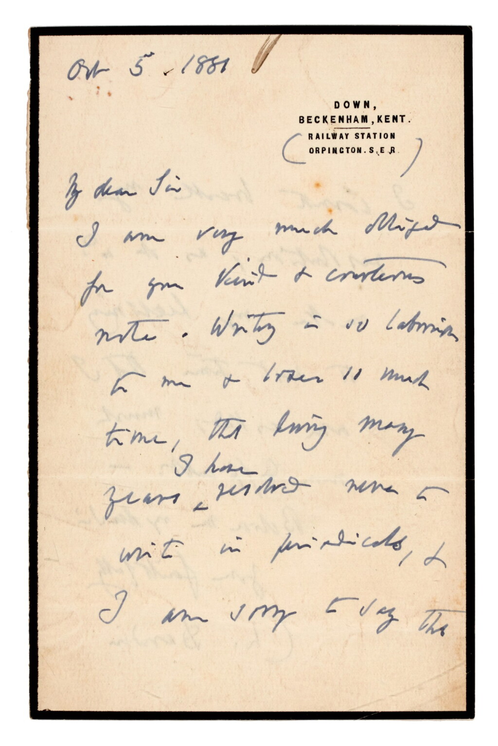 View full screen - View 1 of Lot 32. DARWIN | autograph letter signed, declining to contribute to a periodical, 1881.