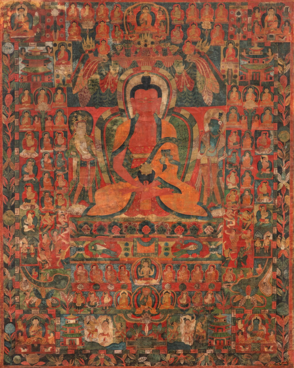 View full screen - View 1 of Lot 18. A rare early thangka depicting Amitabha in Sukhavati, Tibet, circa 1500 | 西藏 約1500年 極樂淨土阿彌陀佛唐卡 設色布本.