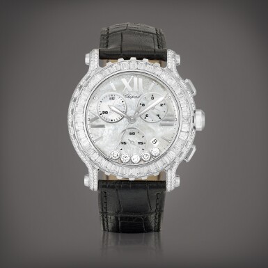 View full screen - View 1 of Lot 8893. Happy Sport, Reference 1269 | A white gold and diamond-set chronograph wristwatch with date and mother-of-pearl dial, Circa 2010 | 蕭邦 | Happy Sport 型號1269 | 白金鑲鑽石計時腕錶,備日期顯示及珠母貝錶盤,約2010年製.