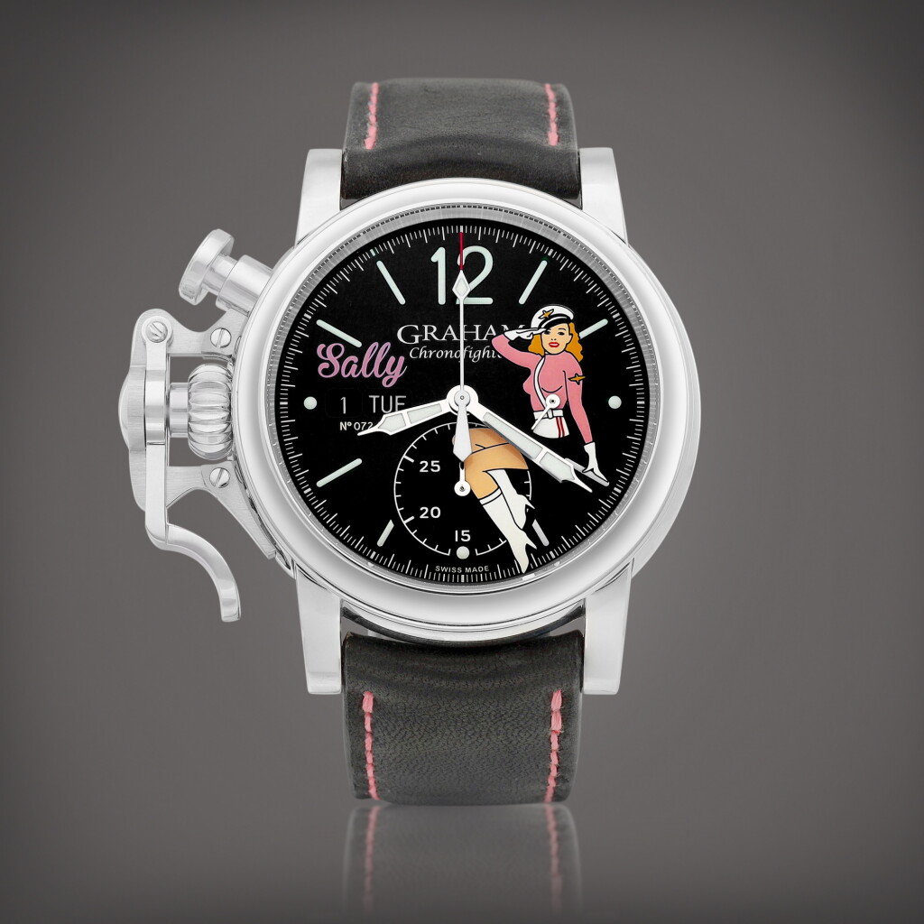View full screen - View 1 of Lot 849. Chronofighter Vintage Nose Art "Sally", Reference 2CVAS.B21A | A limited edition stainless steel chronograph wristwatch with day and date, Circa 2017 | Chronofighter Vintage Nose Art "Sally" 型號2CVAS.B21A |限量版精鋼計時腕錶,備日期及星期顯示,約2017年製.
