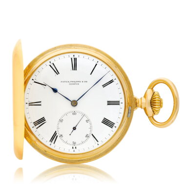 View full screen - View 1 of Lot 8716. A yellow gold hunting case keyless watch with enamel dial, Circa 1900 | 百達翡麗 | 黃金獵殼懷錶,備琺瑯錶盤,約1900年製.