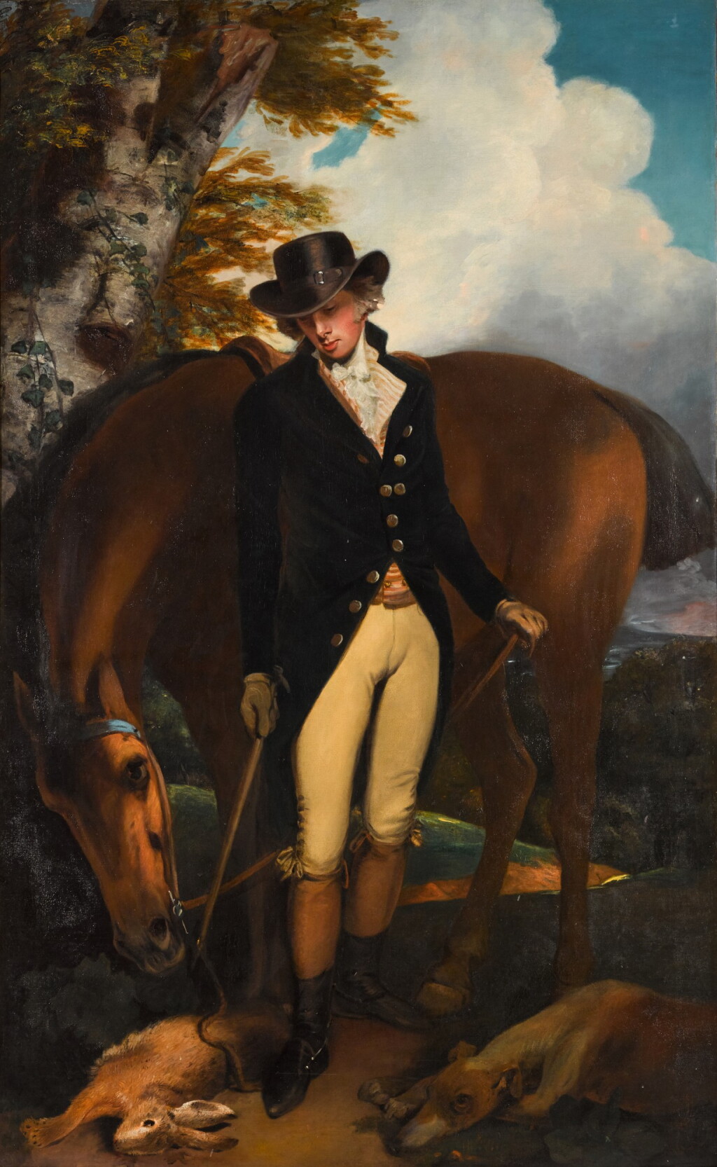 View full screen - View 1 of Lot 422. Portrait of Thomas Norton Esq. (1760–1803) of Kingston Bowsey, Sussex, standing full-length, with his horse and dog in a landscape.