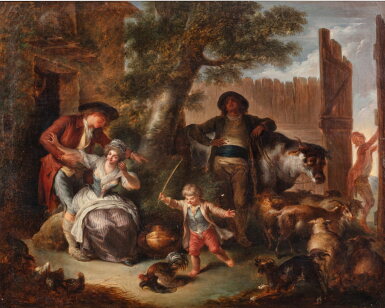 View full screen - View 1 of Lot 714. Countryfolk with livestock in a yard.