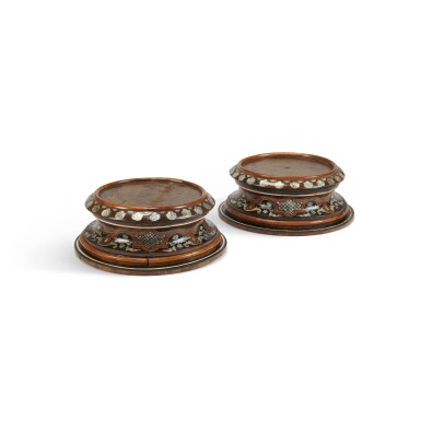 View full screen - View 1 of Lot 13. A pair of Italian bone, mother-of-pearl and fruitwood marquetry stands, Piedmont, in the manner of Pietro Piffetti, circa 1740.