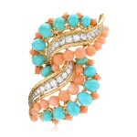 Turquoise, Coral and Diamond Brooch