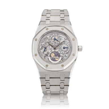 View full screen - View 1 of Lot 2051. Royal Oak Quantieme Perpetuel, Reference 25829 | A platinum skeletonized perpetual calendar bracelet watch with moon phases and leap year indiciation, Circa 2003 | 愛彼 | 皇家橡樹系列 Quantieme Perpetuel 型號25829 | 鉑金萬年曆鏤空鏈帶腕錶,備月相及閏年顯示,約2003年製.