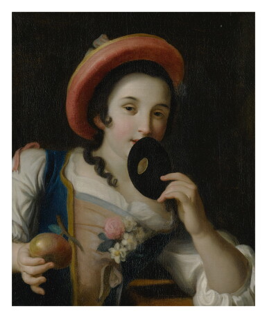 View full screen - View 1 of Lot 605. CIRCLE OF PIETRO ANTONIO ROTARI | A YOUNG WOMAN HOLDING A MASK.
