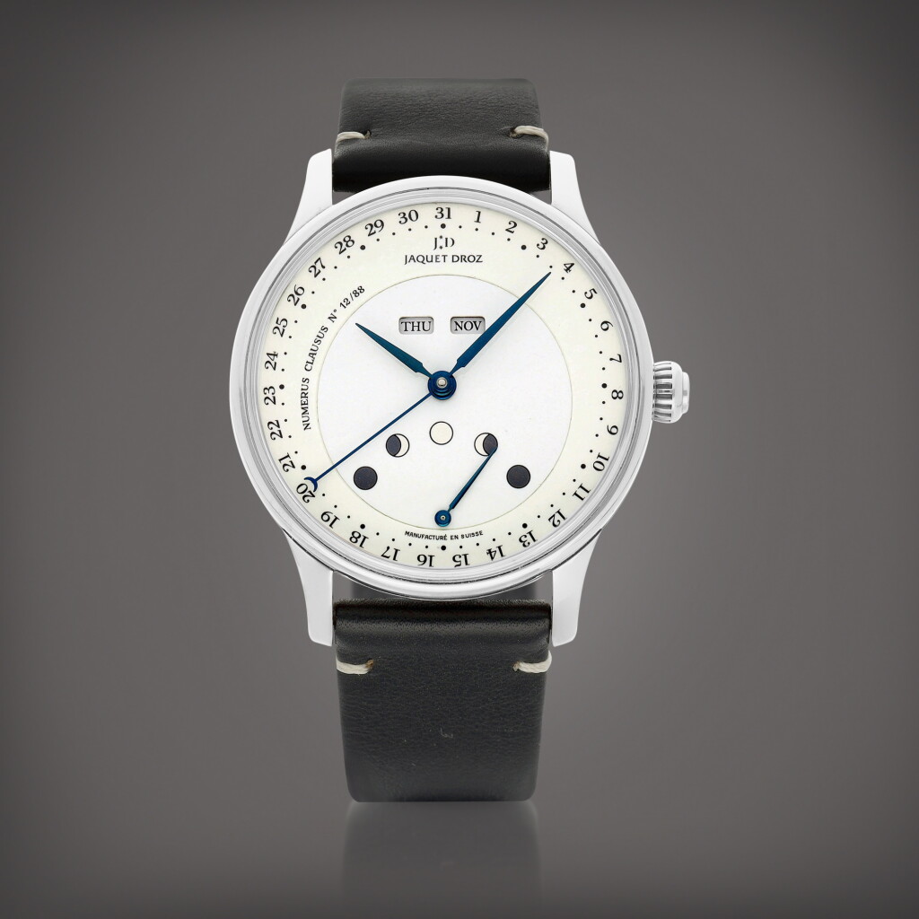 View full screen - View 1 of Lot 8744. Les Lunes Hommage Geneve 1784, Reference J0126 | A white gold triple calendar wristwatch with moon phases and enamel dial, Circa 2005 | 雅克德羅 | Les Lunes Hommage Geneve 1784 型號J0126 | 白金全日曆腕錶,備月相及琺瑯錶盤,約2005年製.