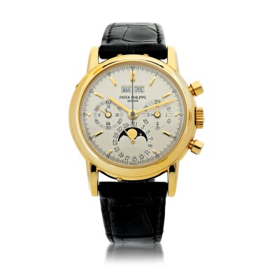 View full screen - View 1 of Lot 30. PATEK PHILIPPE | REFERENCE 3970E A YELLOW GOLD PERPETUAL CALENDAR CHRONOGRAPH WRISTWATCH WITH MOON PHASES AND LEAP YEAR INDICATION, MADE IN 1992.