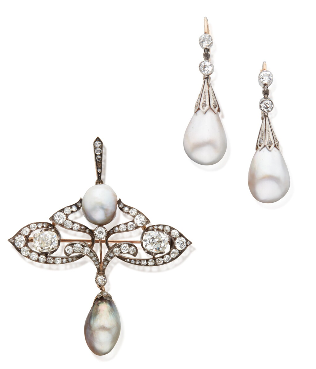 View full screen - View 1 of Lot 33. Pair of Silver-Topped Gold, Diamond and Natural Pearl Earrings and Pendant-Brooch.
