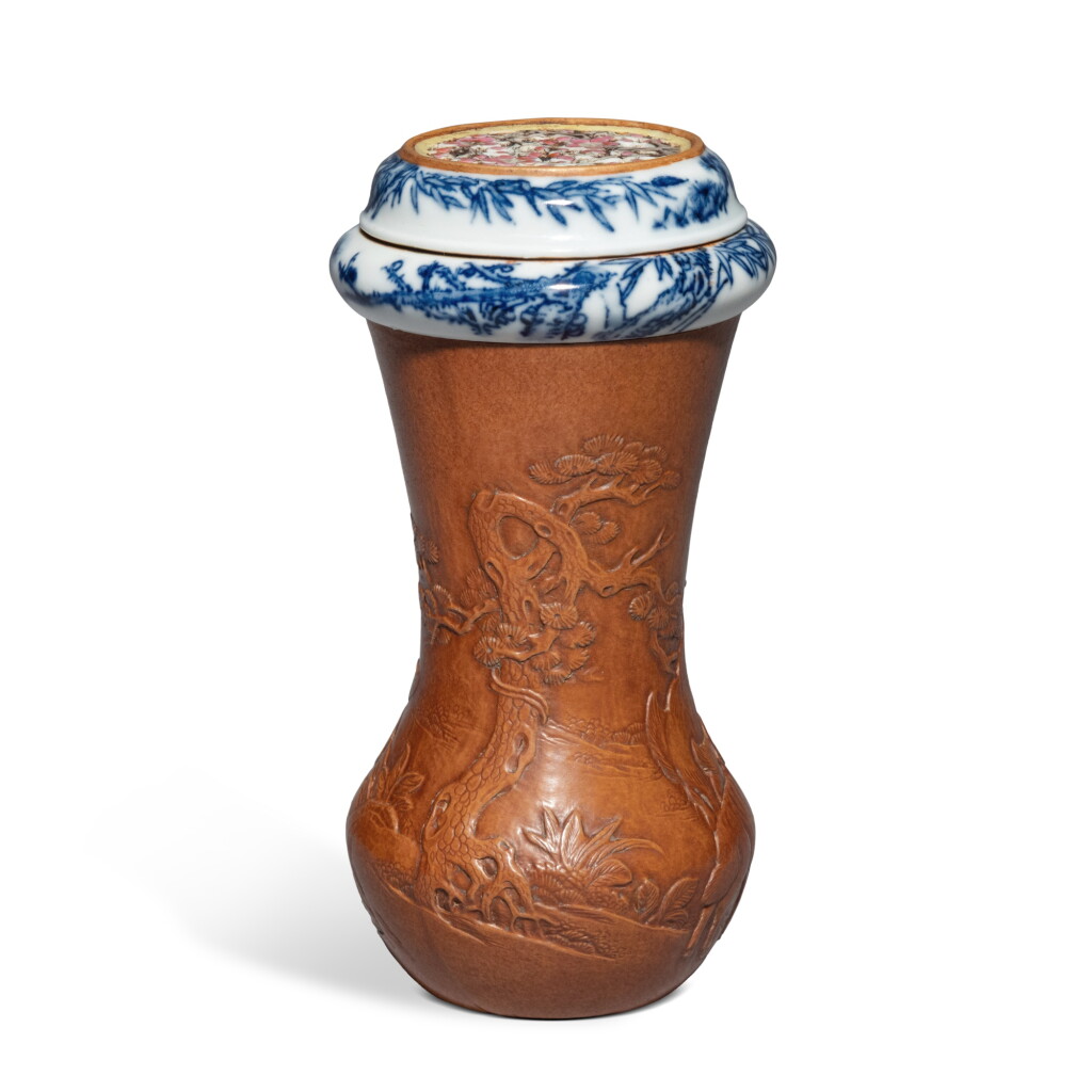 View full screen - View 1 of Lot 176. A molded gourd 'three rams' cricket cage and cover, Qing dynasty, 19th century.