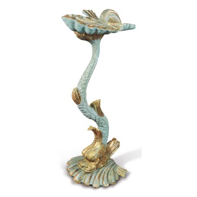 View full screen - View 1 of Lot 16. A VENETIAN BLUE PAINTED AND SILVERED WOOD DOLPHIN-FORM GROTTO STAND, LATE 19TH CENTURY.