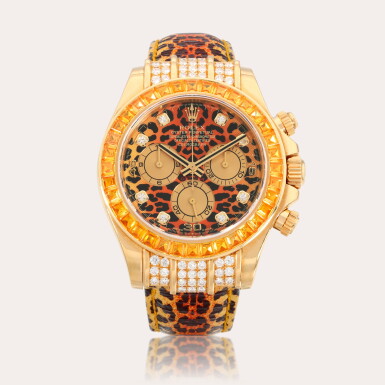 View full screen - View 1 of Lot 183. Daytona 'Leopard', Reference 116598SACO | A yellow gold, diamond and orange sapphire-set chronograph wristwatch | Circa 2004.