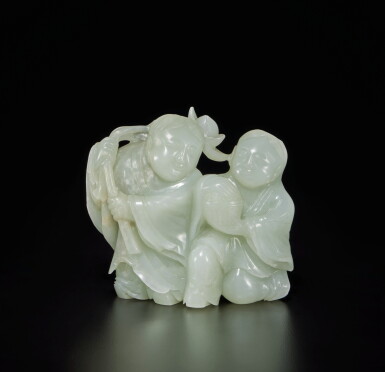 View full screen - View 1 of Lot 452. A pale green jade 'hehe erxian' group, Qing dynasty, 19th century | 清十九世紀 青白玉雕和合二仙擺件.