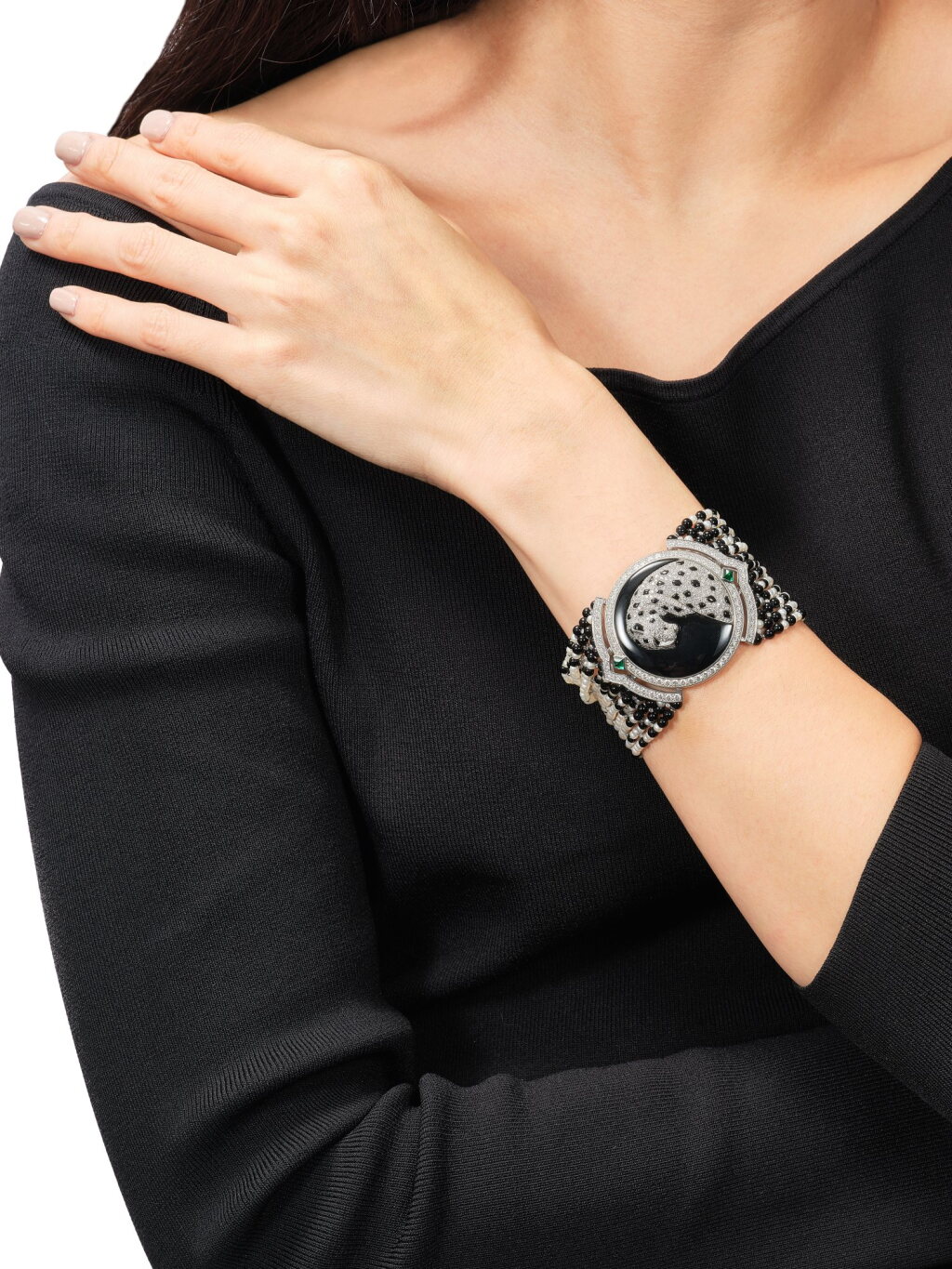 View full screen - View 1 of Lot 1818. A Limited Production 'Panthère' Diamond, Onyx and Gem Set Secret Bracelet Watch | 卡地亞 | 限量出產 'Panthère' 鑽石 配 縞瑪瑙 及 寶石 腕錶.