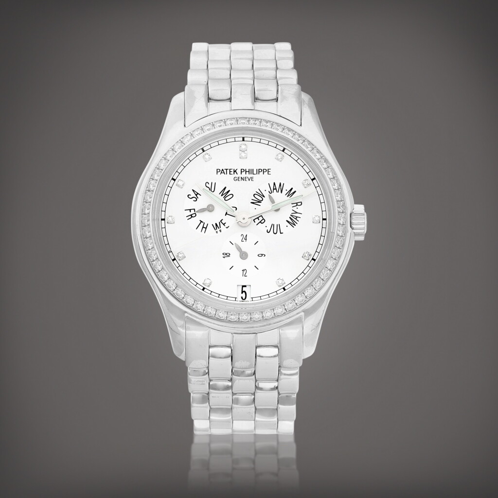 View full screen - View 1 of Lot 8659. Reference 5037 | A white gold and diamond-set annual calendar wristwatch with 24 hours indication and bracelet, Made in 2002 | 百達翡麗 | 型號5037 | 白金鑲鑽石年曆鏈帶腕錶,備24小時顯示,2002年製.