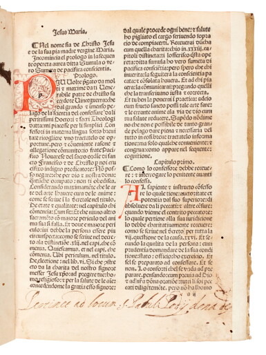 View full screen - View 1 of Lot 195. Pacificus Novariensis, Sommola de pacifica coscienza, Brescia, 1497, later vellum.