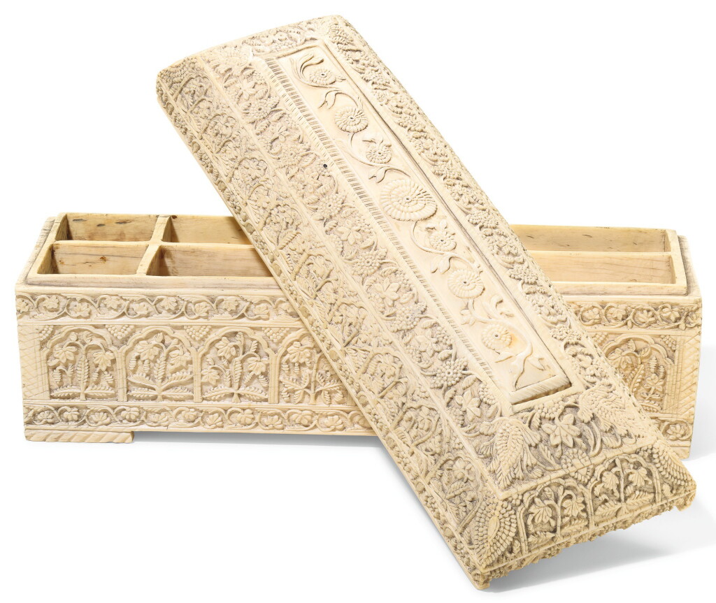 View full screen - View 1 of Lot 178. A DECCANI CARVED IVORY PEN-BOX, INDIA, 17TH CENTURY.