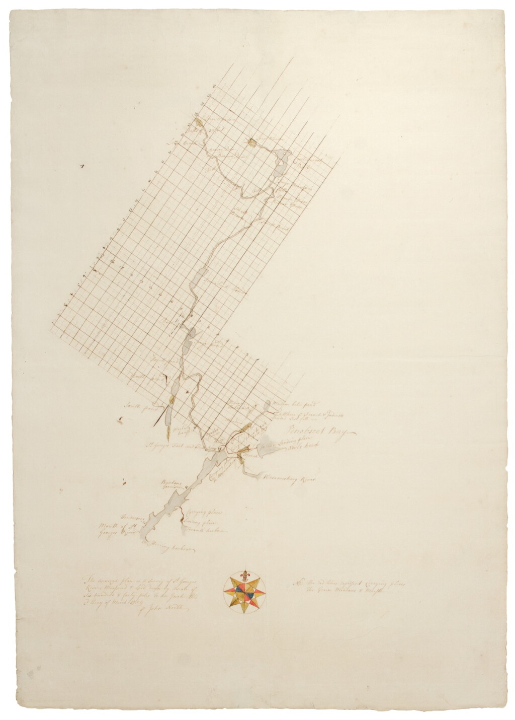 View full screen - View 1 of Lot 1007. Bernard, Sir Francis, and John North (surveyor) | French and Indian War manuscript map of Fort St. George and the surrounding areas.
