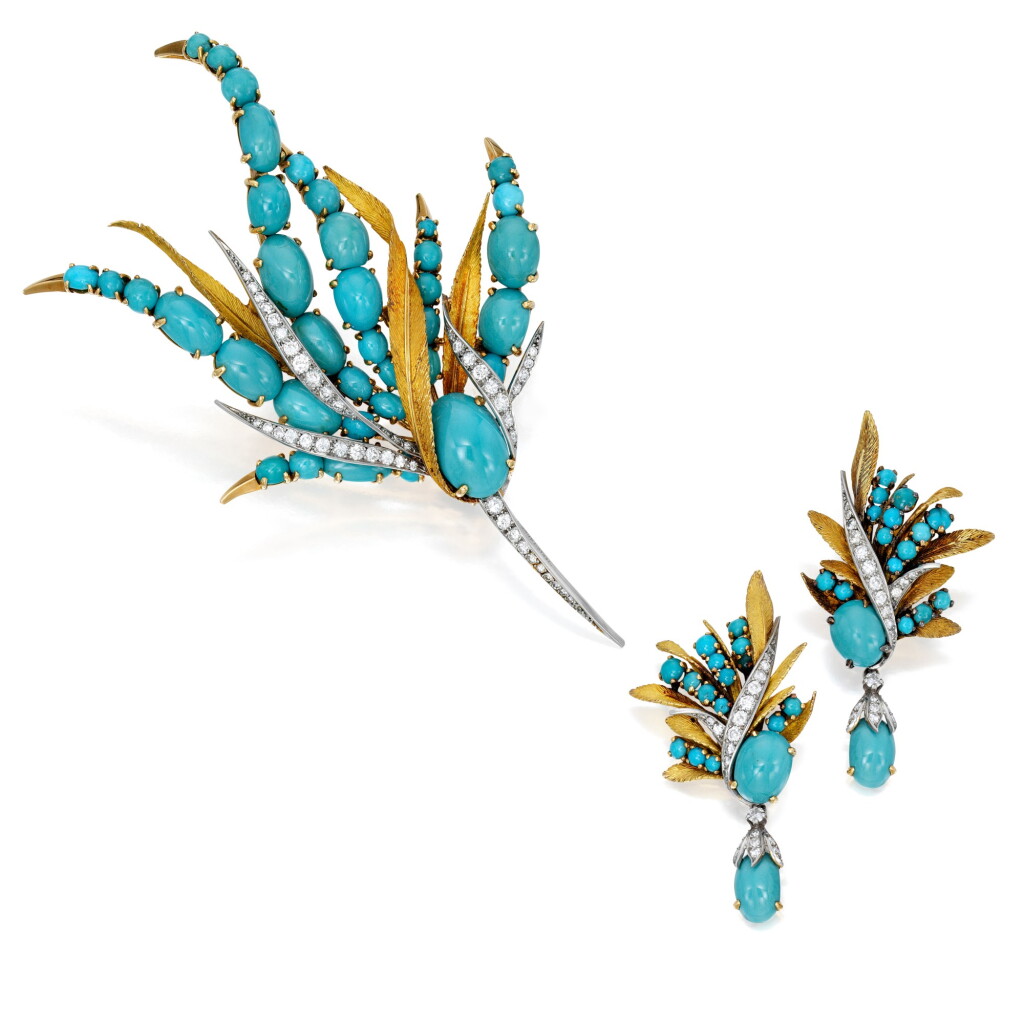 View full screen - View 1 of Lot 51. Sterlé | Gold, Turquoise and Diamond Brooch and Pair of Earclips, France.