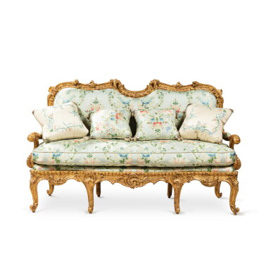 View full screen - View 1 of Lot 592. A carved giltwood canapé à chassis attributed to Nicolas Heurtaut (1720-1771), Louis XV, Circa 1755.