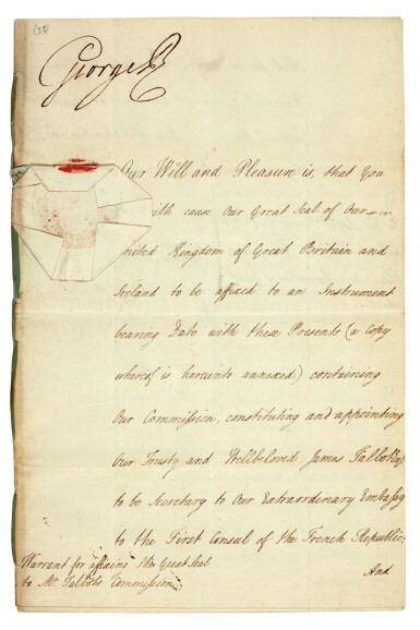 View full screen - View 1 of Lot 48. GEORGE III | document signed, addressed to Lord High Chancellor Lord Eldon, 1802.