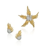 Gold and Diamond 'Flame' Clip-Brooch and Pair of Earclips
