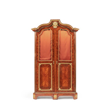 View full screen - View 1 of Lot 37. A late Louis XIV kingwood and tulipwood veneered armoire, circa 1710, attributed to Joseph Poitou | Armoire à portes en placage de bois de violette et bois de rose de la fin de l’époque Louis XIV, vers 1710, attribuée à Joseph Poitou.