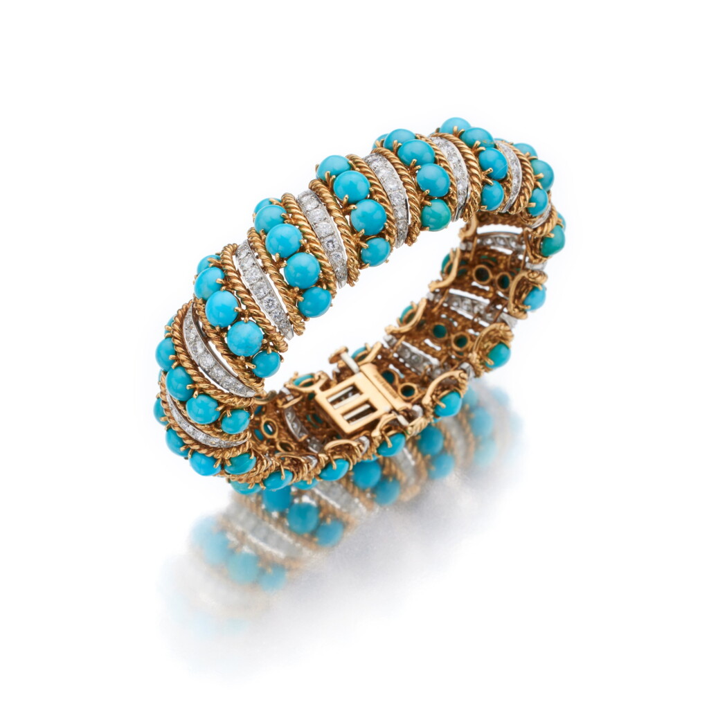 View full screen - View 1 of Lot 219. Gold, Turquoise and Diamond Bracelet.