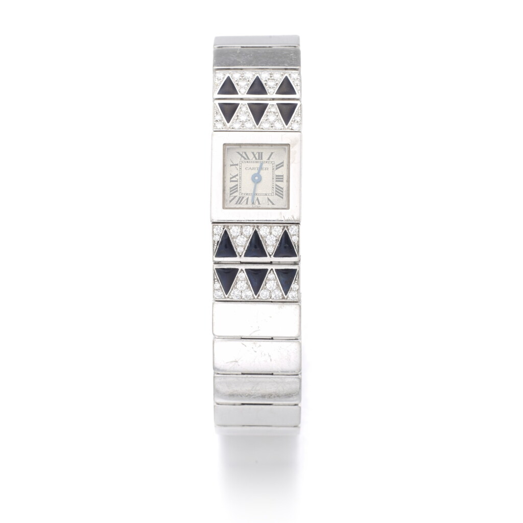 View full screen - View 1 of Lot 16. CARTIER | LADY'S ENAMEL AND DIAMOND WRISTWATCH.