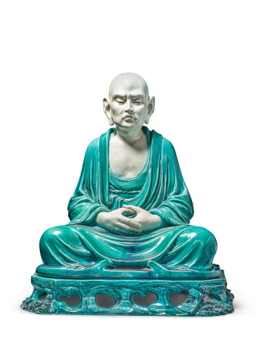 View full screen - View 1 of Lot 482. A Rare Samson Chinese-Style Turquoise-Glazed Figure of a Luohan, Late 19th Century | 法國 十九世紀末 薩姆森孔雀綠釉羅漢坐像連底座.