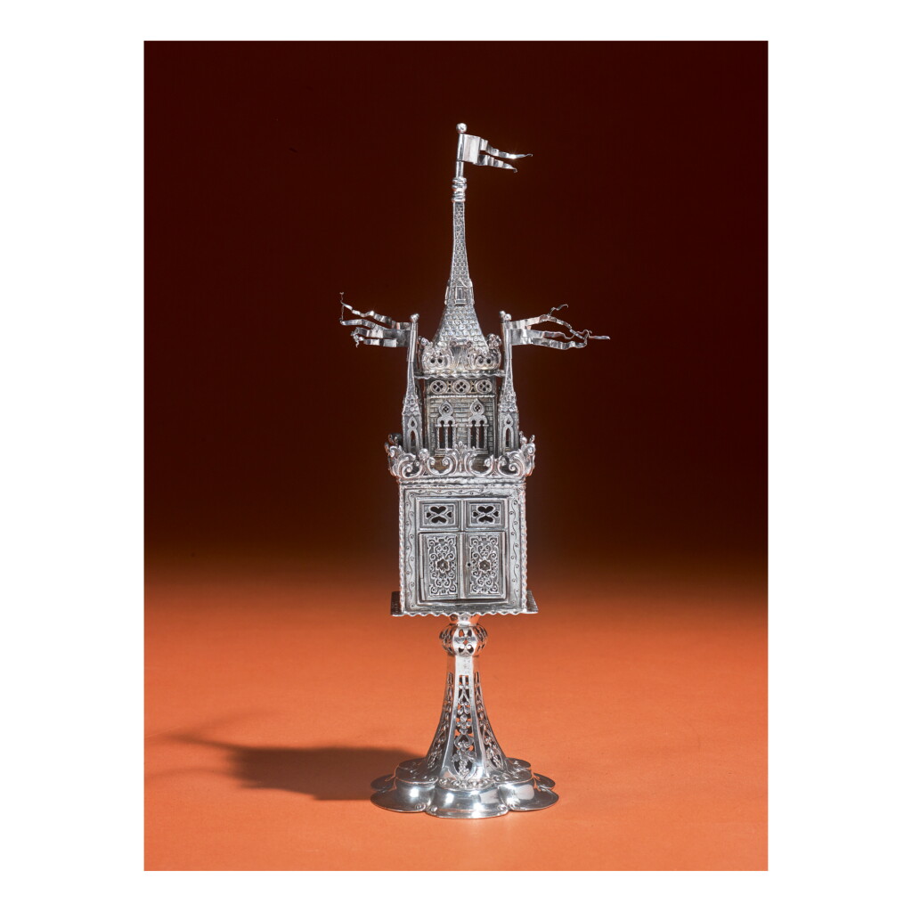 View full screen - View 1 of Lot 150. A LARGE GERMAN GOTHIC-STYLE SILVER SPICE TOWER, MADE BY J.D. SCHLIESSNER, HANAU, RETAILED BY LAZARUS POSEN, FRANKFURT, LATE 19TH CENTURY.