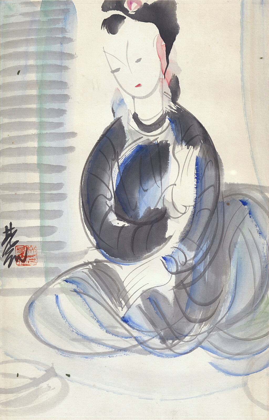 View full screen - View 1 of Lot 9011. 林風眠 藍衣少女| Lin Fengmian, Lady in Blue.