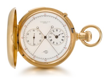 View full screen - View 1 of Lot 46. TIFFANY & CO GENEVA | GOLD HUNTING CASED KEYLESS MINUTE REPEATING SPLIT-SECOND CHRONOGRAPH WATCH WITH REGULATOR DIAL, CIRCA 1890.