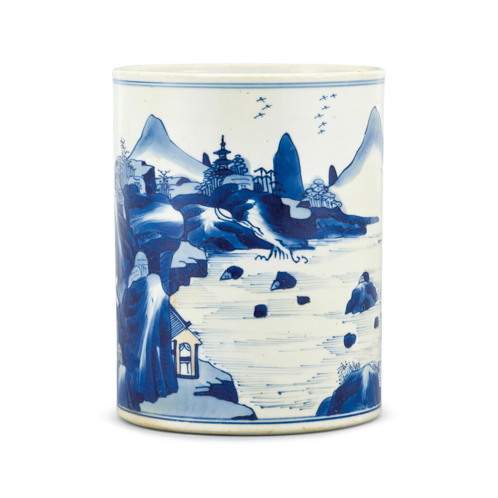 View full screen - View 1 of Lot 314. A blue and white 'landscape' brushpot Qing dynasty, Kangxi period | 清康熙 青花山水圖筆筒.
