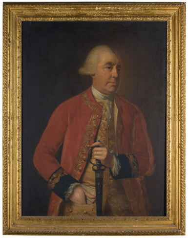 View full screen - View 1 of Lot 56. THOMAS HICKEY | PORTRAIT OF MAJOR GENERAL EDWARD SANDFORD (D. 1781), THREE-QUARTER-LENGTH, WEARING A RED COAT WITH BLACK CUFFS AND HOLDING A SWORD.