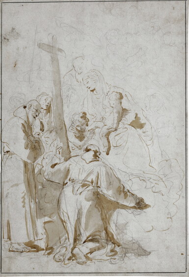 View full screen - View 1 of Lot 169. The Holy Family with Saint Peter of Alcántara, John of the Cross and a Female Saint and Angels.