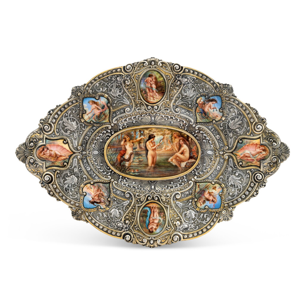 View full screen - View 1 of Lot 2. Chicago World’s Fair of 1893: The Diana Tray, An American Parcel-Gilt Silver and Enamel Dish, Designed by William Christmas Codman for Gorham Mfg. Co., New York and Providence, RI, 1893.