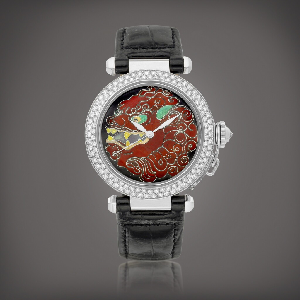 View full screen - View 1 of Lot 8671. Pasha, Reference 2495 | A limited edition white gold and diamond-set wristwatch with cloisonné enamel dial depicting a Chinese guardian lion, Circa 2002 | 卡地亞 | Pasha 型號2495 | 限量版白金鑲鑽石腕錶,備石獅子掐絲琺瑯錶盤,約2002年製.