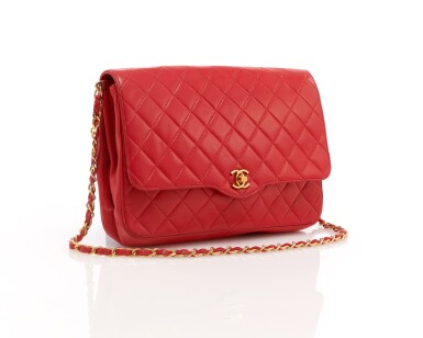View full screen - View 1 of Lot 69. Red quilted leather and gold-tone metal chain shoulder bag.