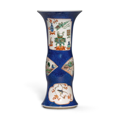View full screen - View 1 of Lot 645. A powder-blue-ground famille-verte beaker vase, Qing dynasty, 19th century | 清十九世紀 灑藍地五彩開光山水花鳥博古圖花觚.
