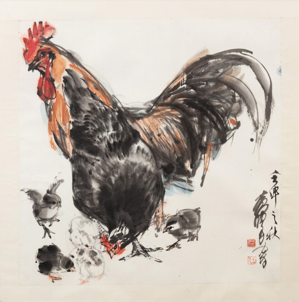 View full screen - View 1 of Lot 186. Huang Zhou (1925-1997) Family | 黃胄 雞趣圖 設色紙本 鏡框.